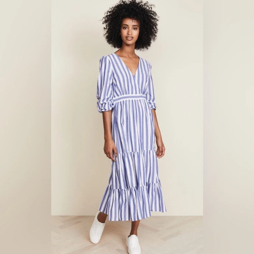 Madewell Midi Maxi Dress Size 14 Ava Blue White Striped Ruffle Tiered V Neck - Picture 1 of 16
